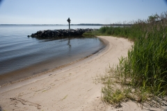 Beach along the Patuxent River with rock breakwater extending into river